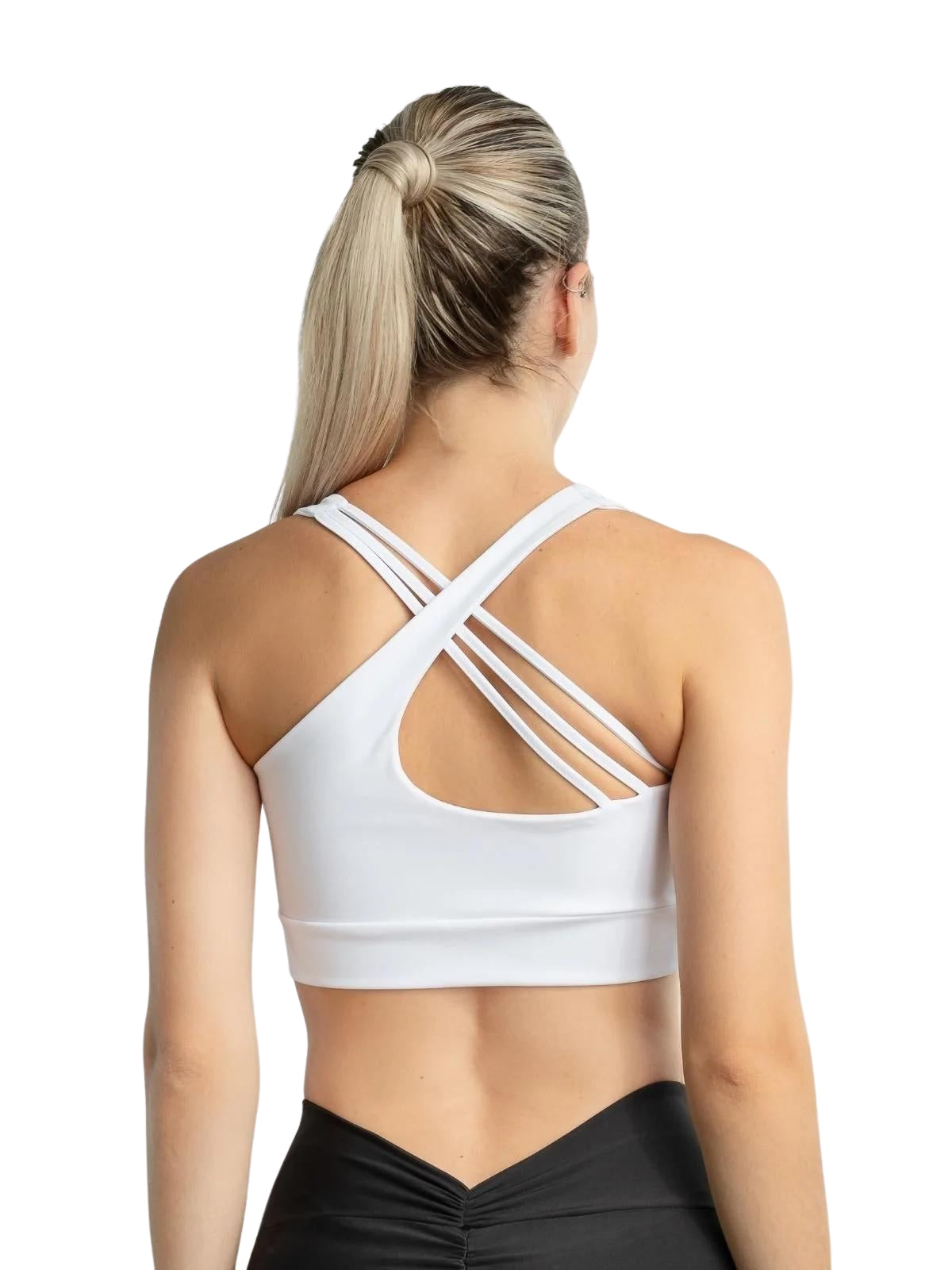Blonde Frau im Lismina 397 Bron Sports Bra in Weiss mit überkreuzte Träger, von hinten betrachtet.